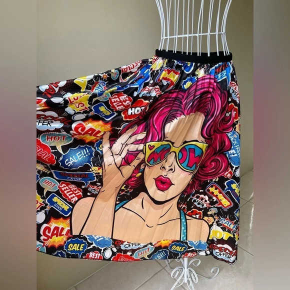 Cool face midi flare skirt Pleated SZ XS-M unbranded novelty print disco pin up - Picture 1 of 6